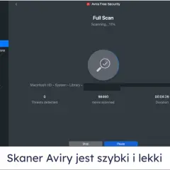Skanowanie komputera programem antywirusowym Avira Free Security. Pełne skanowanie trwa, wykryto 0 zagrożeń.