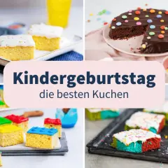 Bunte Kuchen für Kindergeburtstage: Kleine, bunte Kuchenstücke und ein Schokoladenkuchen mit bunten Smarties.