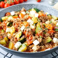 Herzhafte zucchinipfanne mit Hackfleisch, Tomaten und Feta. Ein schnelles und leckeres Gericht aus der Pfanne.