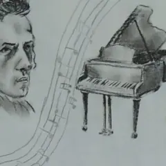 Rysunek przedstawia Fryderyka Chopina, jego portret otoczony nutami, obok fortepian i linijka.