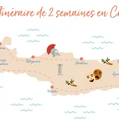 Carte de Crète illustrant un itinéraire de 2 semaines, avec des icônes pour la plage, les gorges, des masques de théâtre, un casque antique et une torche. Idéal pour savoir que faire en Crète.