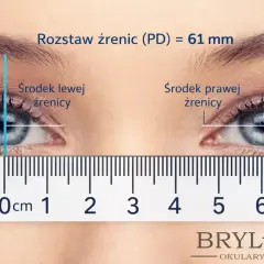 Pomiar rozstawu źrenic (PD) 61 mm, kluczowy do tego, jak wyregulować okulary, aby idealnie pasowały.