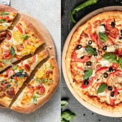 Pinsa co to? Dwie pyszne pizze: jedna z pomidorkami i ziołami, druga z papryką, oliwkami i cebulą.