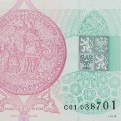 Czeska korona 100. Na banknocie widnieje pieczęć z rycerzem i królem, herb Czech i nominał. Za 100 koron czeskich można kupić np. kilka kaw.