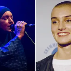 Sinead O'Connor med långt hår och som ung, samt senare med hijab och sjungande.
