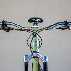 Close-up of a bicycle's handlebars and front fork, featuring Hayes Dominion A4 brakes, ready for a review.