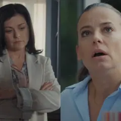 Dwie aktorki z serialu "M jak miłość": jedna zamyślona w jasnej marynarce, druga zaskoczona z otwartymi ustami.