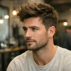 Un homme avec une coupe de cheveux texturée, incarnant la tendance homme. Son regard est tourné vers l'horizon, prêt pour de nouvelles aventures.