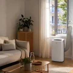 Climatiseur mobile réversible en mode chauffage, avec évacuation par la fenêtre ouverte. Confort assuré dans ce salon cosy.