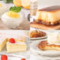 Deliciosos postres caseros: mousse de limón, flan, bizcocho esponjoso y torrijas con helado. ¡Un festín para los sentidos!