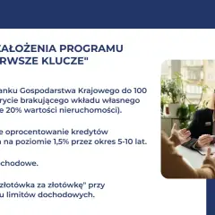 Główne założenia programu "Pierwsze Klucze": gwarancje BKG, preferencyjne oprocentowanie kredytów hipotecznych, kryterium dochodowe i mechanizm "złotówka za złotówkę".