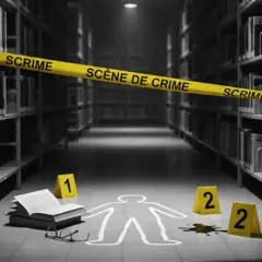 Scène de crime dans une bibliothèque. Une silhouette à la craie, des marqueurs numérotés, un livre d'enquête ouvert et des lunettes sur le sol.