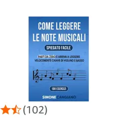 Copertina libro "Come leggere le note musicali", con pentagramma e simbolo nota musicale. Impara velocemente chiave di violino e basso.