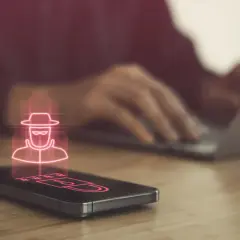 Haker w kapeluszu i gwiezdki symbolizujące hasło na ekranie telefonu, sugerujące podsłuch w telefonie. W tle osoba pracuje na laptopie.