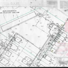 Mapa zasadnicza z oznaczeniami działek i budynków. Cena mapy zasadniczej zależy od jej zakresu i celu.