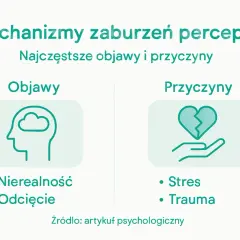 Zaburzenia percepcji: objawy (nierealność, odcięcie) i przyczyny (stres, trauma). Depersonalizacja to uczucie odrealnienia.