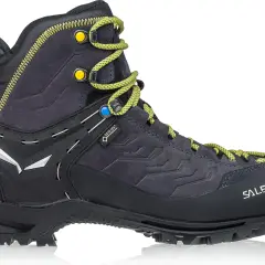 Ciemnoszary but trekkingowy Salewa MS Rapace GTX z żółtymi sznurówkami i detalami. Idealny na górskie wyprawy.
