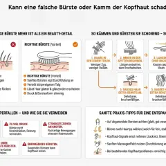Sanftes Bürsten regt die Durchblutung an und verteilt Talg. Vermeide zu harte Borsten, um die Kopfhaut zu schonen und kein Shampoo zu benutzen.