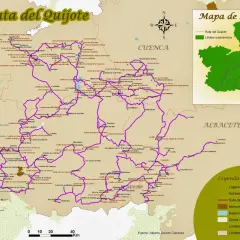 Mapa de la ruta del Quijote, con pueblos, castillos y monumentos. Incluye un recuadro de situación.