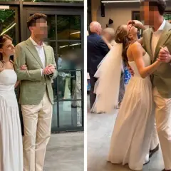 Marta Wierzbicka i jej mąż tańczą na weselu. Ona w białej sukni, on w zielonej marynarce.