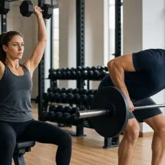 Frau hebt Hanteln, Mann macht Rudern mit Langhantel. Ein effektives 2er Split Push Pull Training im Fitnessstudio.