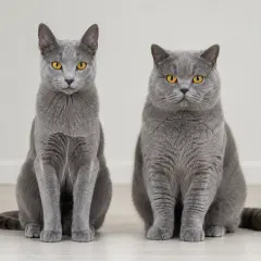 Zwei graue Katzen mit bernsteinfarbenen Augen sitzen nebeneinander. Die linke ist schlanker, die rechte ist rundlicher.