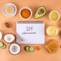 Zutaten für after sun selber machen: Kokosnuss, Avocado, Honig, Kurkuma, Karotten, Gurken und Bienenwaben.