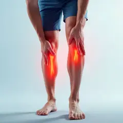 Ból w łydkach, gdzie czerwony żar podkreśla napięcie w obrębie błony otaczającej piszczel.