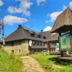Kamienny schronisko na Turbaczu z dzieckiem w tle, otoczone zielenią i kwitnącymi kwiatami.