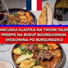 Pyszna wołowina po burgundzku z ziemniakami i marchewką, podana z bagietką i czerwonym winem. Francuska klasyka na talerzu.