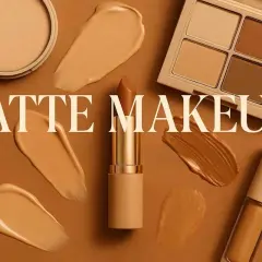 Swatch di fondotinta, rossetto e palette ombretti in tonalità calde, perfetti per un look latte makeup.