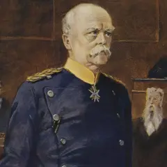 Porträt von Otto von Bismarck, jung, in Uniform mit Orden. Im Hintergrund Männer in Anzügen.