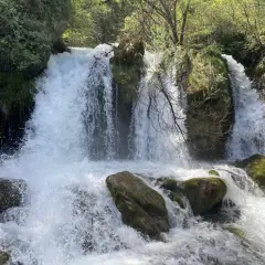 Cascada con agua espumosa cayendo sobre rocas cubiertas de musgo, como un bullidor de la llet en la naturaleza.