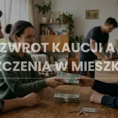 Młoda para oddaje pieniądze starszej kobiecie, klucze do mieszkania i stos banknotów na stole. Czy brudne ściany wpłyną na zwrot kaucji?