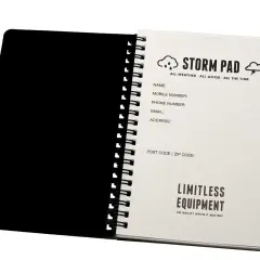 Libreta resistente al agua "Storm Pad" con campos para datos de contacto y el lema "Reliability When It Matters".