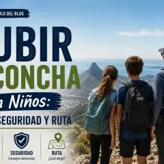 Familia en la cima, preparándose para la concha hike. El texto indica "Subir la concha con niños: Edad, seguridad y ruta".