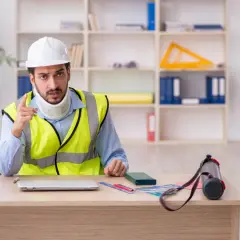 Lavoratore autonomo con collare cervicale e giubbotto ad alta visibilità, punta il dito mentre parla. Potrebbe essere in attesa di un indennizzo INAIL per infortunio.