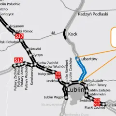 Mapa drogowa z zaznaczoną trasą Via Carpatia, drogami S7, S12, S17 i S19, miastami Radom, Lublin, Chełm.
