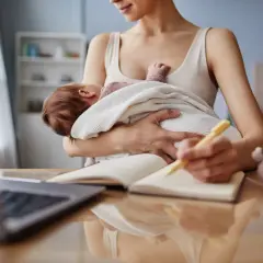 Kobieta trzyma dziecko i pisze w notatniku przy laptopie.