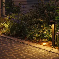 Beleuchteter Gartenweg mit Blumen und Büschen. Das warme Licht der Gartenlampen zieht kleine Insekten an, die im Schein tanzen.