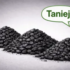 Trzy hałdy węgla kamiennego, a nad nimi dymek z napisem "Taniej?". Szukasz najtańszego ekogroszku workowanego?