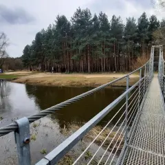 Metalowy most wiszący w Polsce nad rzeką, otoczony lasem sosnowym i piaszczystym brzegiem.