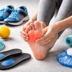 Dolore al calcagno piede, con attrezzatura sportiva e ghiaccio per il recupero.