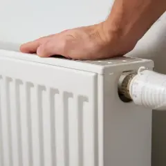 Dłoń na grzejniku, sprawdzająca temperaturę. Czas na włączenie ogrzewania, kiedy zaczyna się sezon grzewczy.