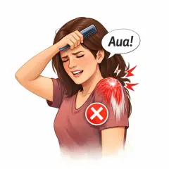 Frau mit schmerzender Schulter, die sich mit einem Kamm durch die Haare fährt. "Aua!" deutet auf die psychischen Ursachen von Frozen Shoulder hin.