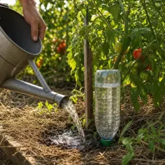 Une astuce pour arroser les tomates : une bouteille percée plantée près du pied pour une irrigation lente et efficace.