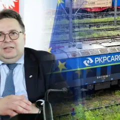 Mężczyzna w garniturze i krawacie, na tle flagi UE i lokomotywy PKP Cargo. Analiza ceny akcji PKP Cargo.