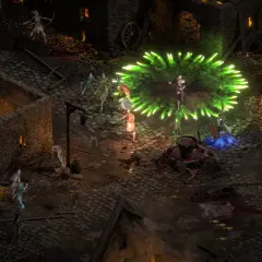W mrocznym świecie Diablo II Resurrected, bohater walczy z hordą szkieletów, otoczony zieloną energią i płonącymi budynkami.