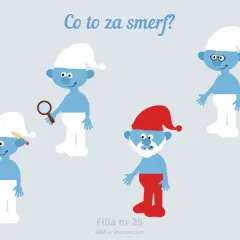 Wesoły dzień smerfa w przedszkolu! Smerfy w czapkach, jeden z lupą, inny z ołówkiem, a Papa Smerf w czerwonej czapce.