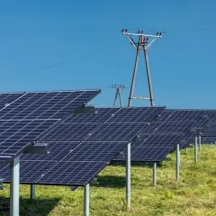 Rzędy paneli fotowoltaicznych na zielonej łące, pod błękitnym niebem. Idealny dzień, kiedy fotowoltaika produkuje najwięcej energii.